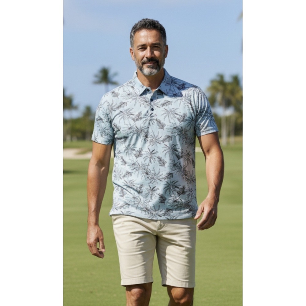 7 Diamonds Golf Polo Pima Cotton Napili Aqua Palm Print XL NWOT